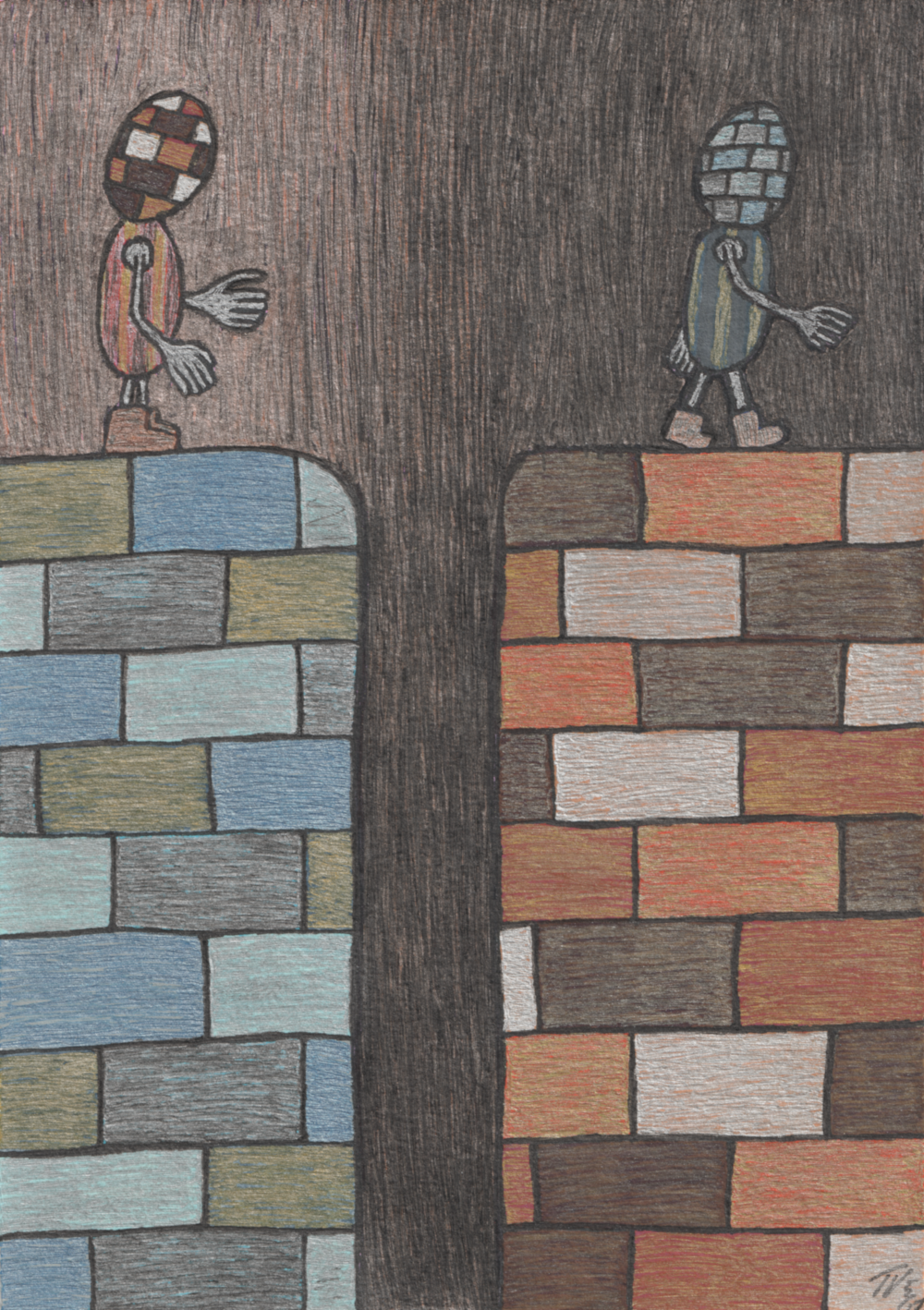 Two brick head characters. One walking away from the other. A deep divide between them