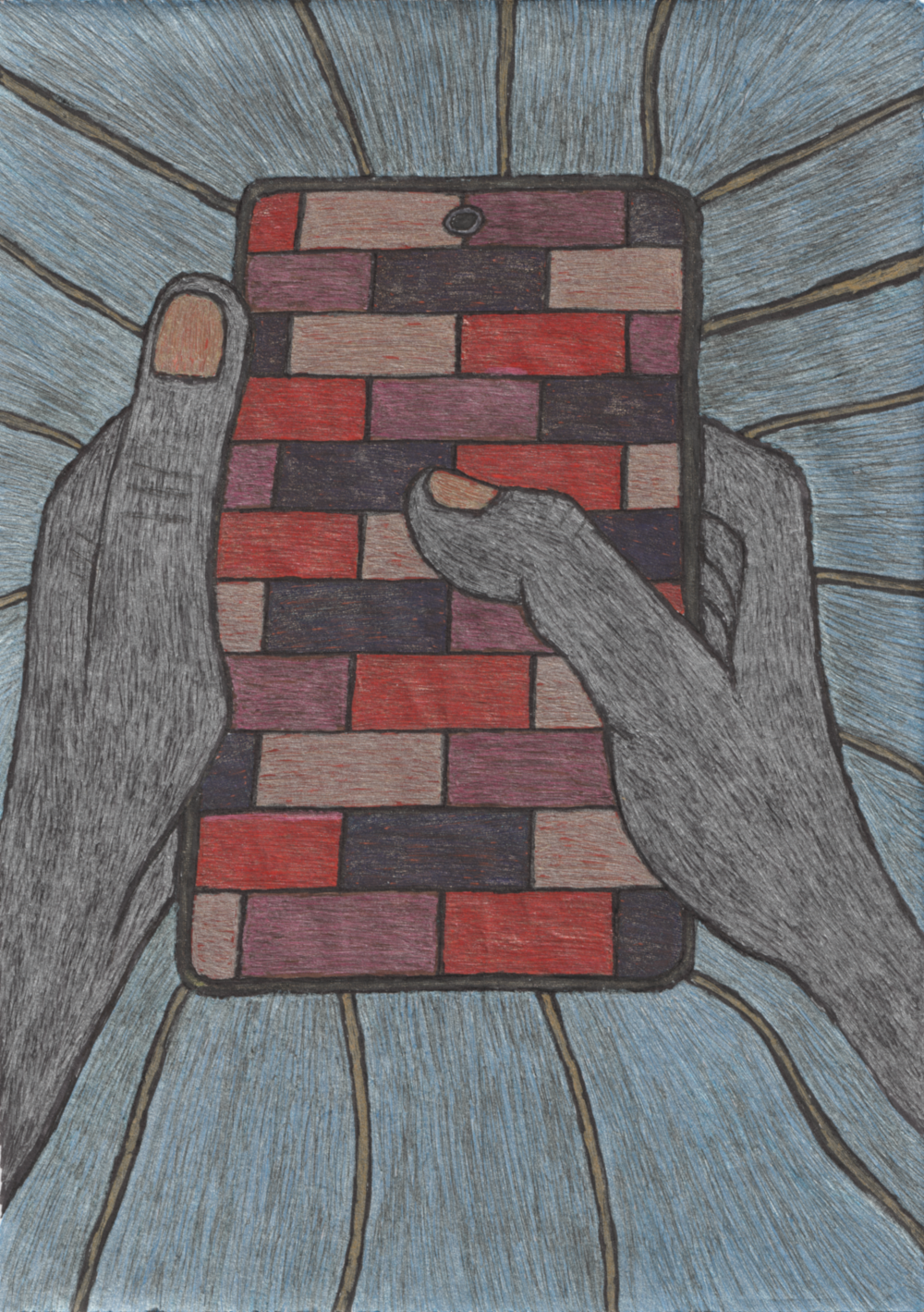 A couple of hands holding a smartphone. The screen is displaying bricks. The background is shattered.