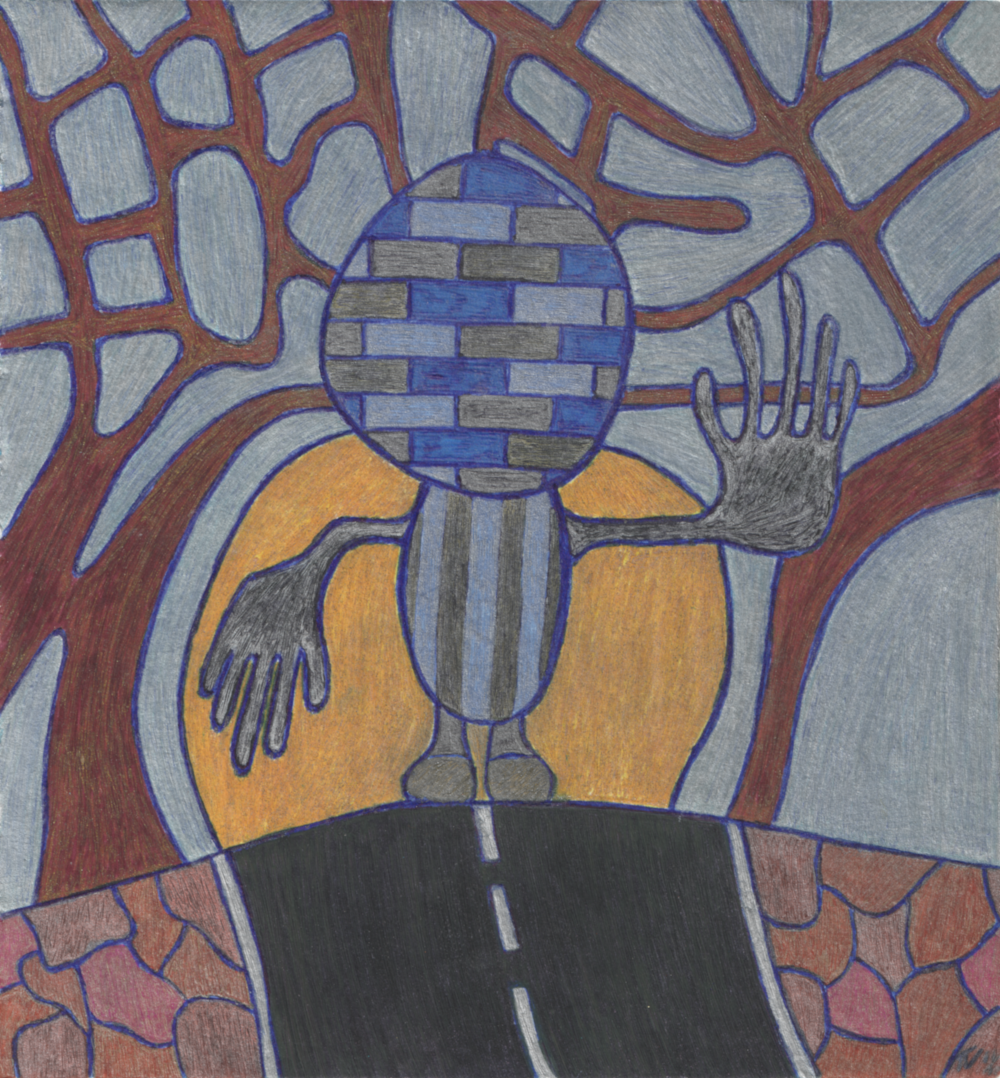 A character with a head made of bricks, standing in the middle of a road, is holding out a hand as a sign to stop.